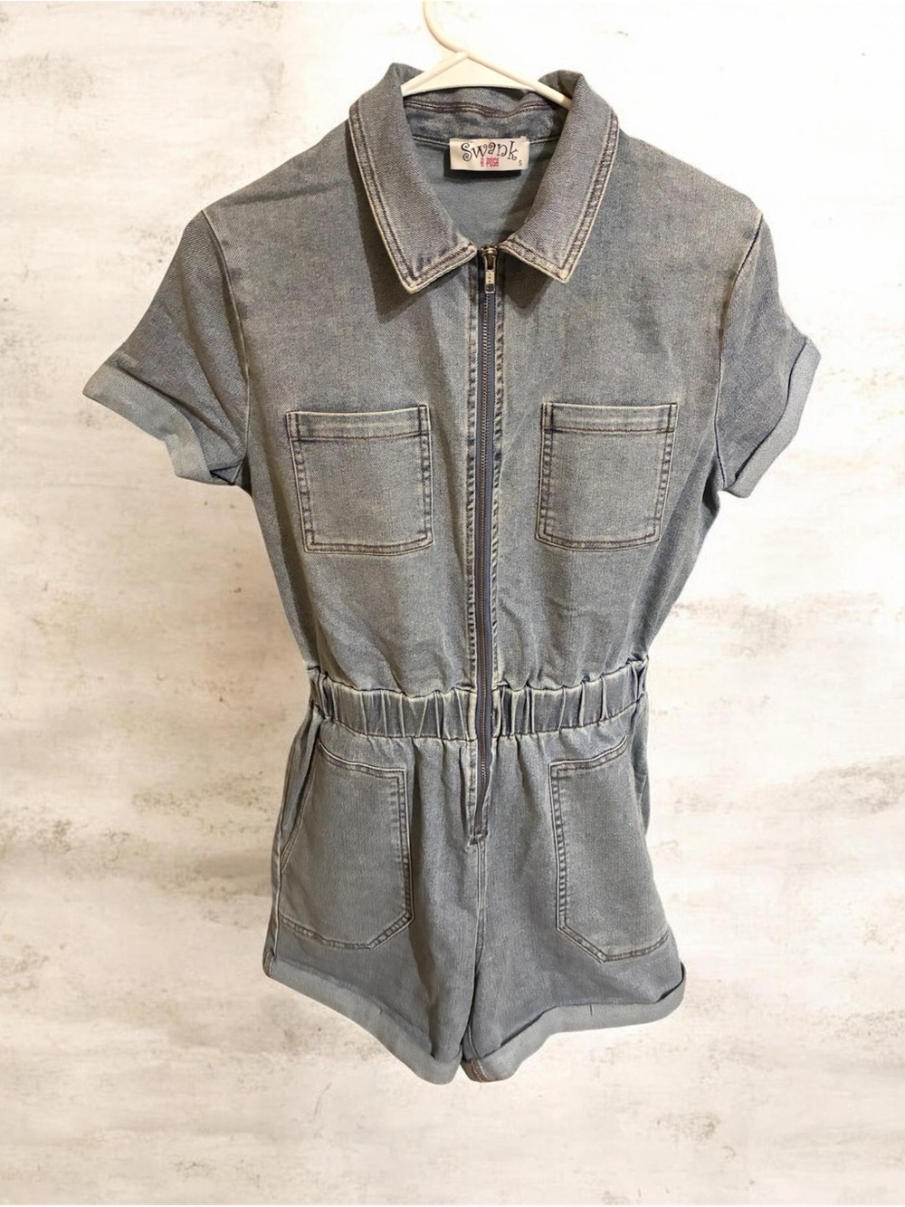 SWANK Light Grey Denim Zip-Front Romper